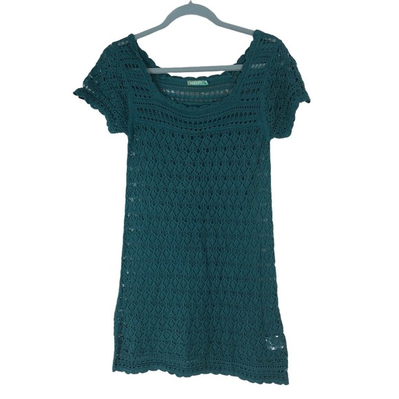 Vintage 90s Old Navy Crochet Mini Dress/Tunic/Swimsuit Cover Teal SZ M Very Soft - Picture 1 of 7
